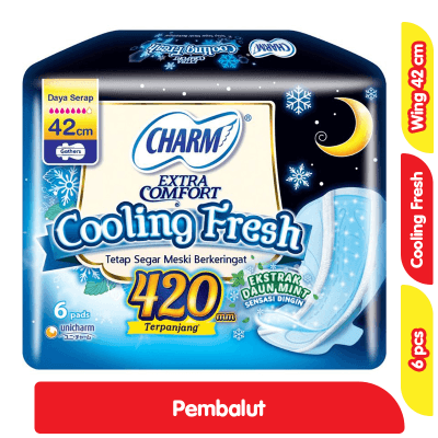Charm Cooling Fresh Pembalut Wanita Wing Malam Ekstrak Daun Mint 42 cm 6 pcs - Warung Linggamas 24Jam